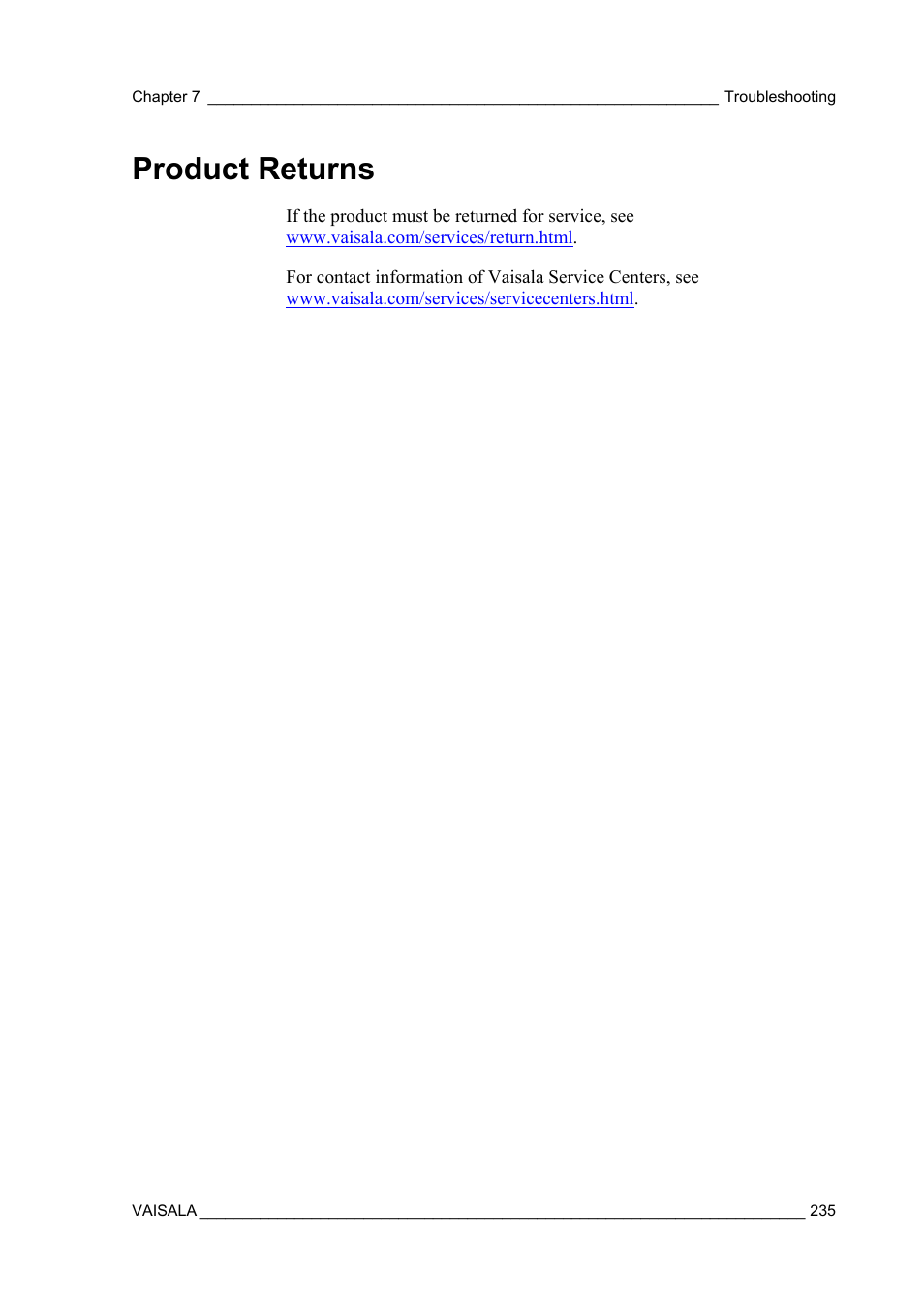 Product returns | Vaisala AWS330 User Manual | Page 237 / 296