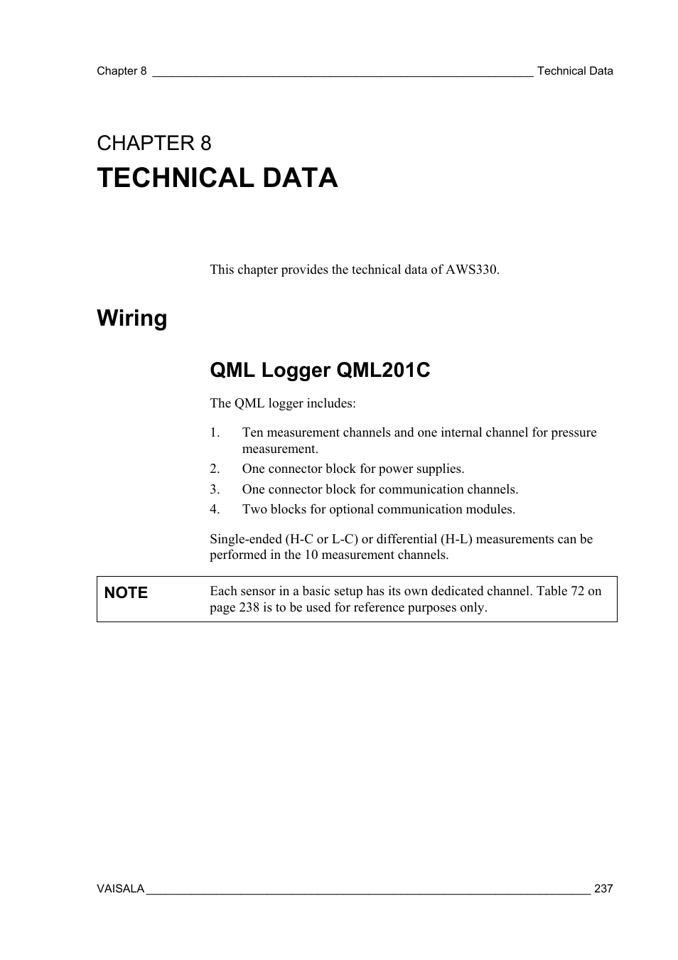Technical data, Wiring, Qml logger qml201c | Chapter 8 | Vaisala AWS330 User Manual | Page 239 / 296