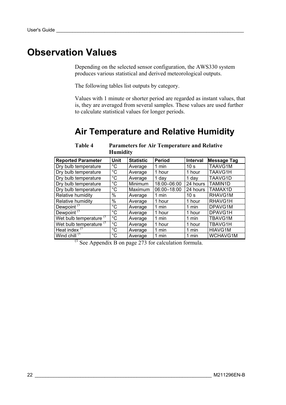 Observation values, Air temperature and relative humidity | Vaisala AWS330 User Manual | Page 24 / 296