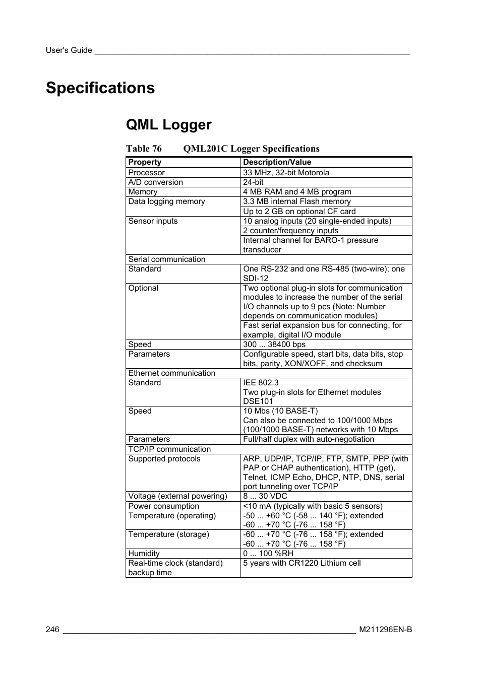 Specifications, Qml logger | Vaisala AWS330 User Manual | Page 248 / 296