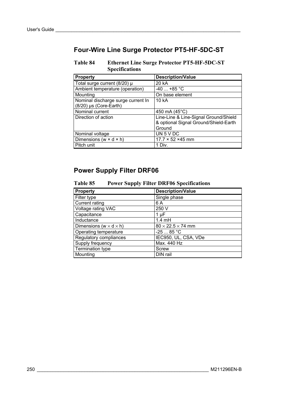 Four-wire line surge protector pt5-hf-5dc-st, Power supply filter drf06 | Vaisala AWS330 User Manual | Page 252 / 296