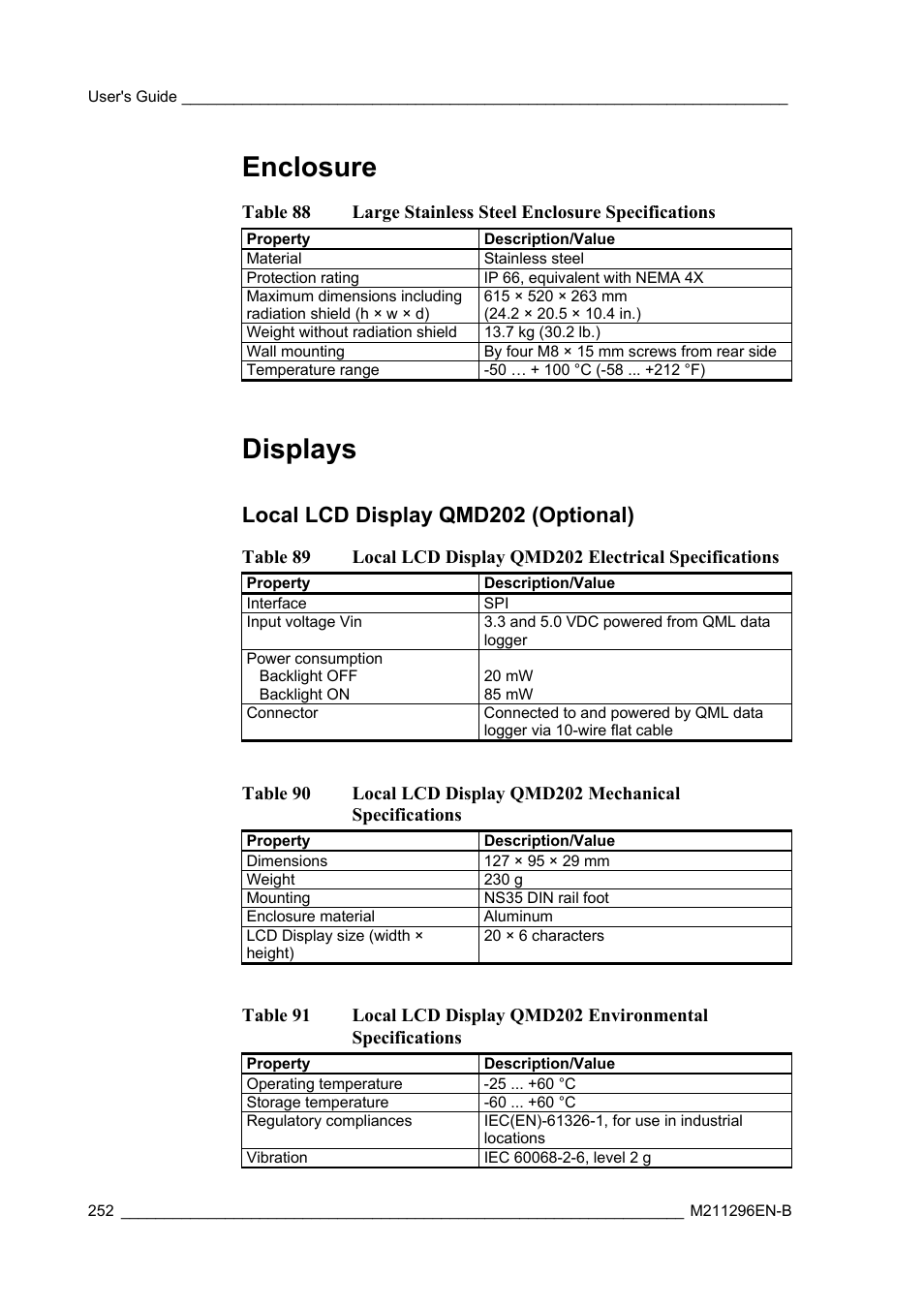 Enclosure, Displays, Local lcd display qmd202 (optional) | Vaisala AWS330 User Manual | Page 254 / 296