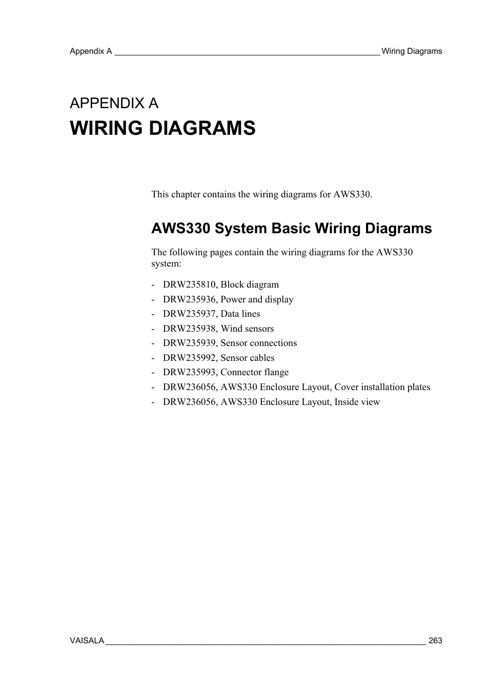 Wiring diagrams, Aws330 system basic wiring diagrams, Appendix a, wiring diagrams | Appendix a | Vaisala AWS330 User Manual | Page 265 / 296