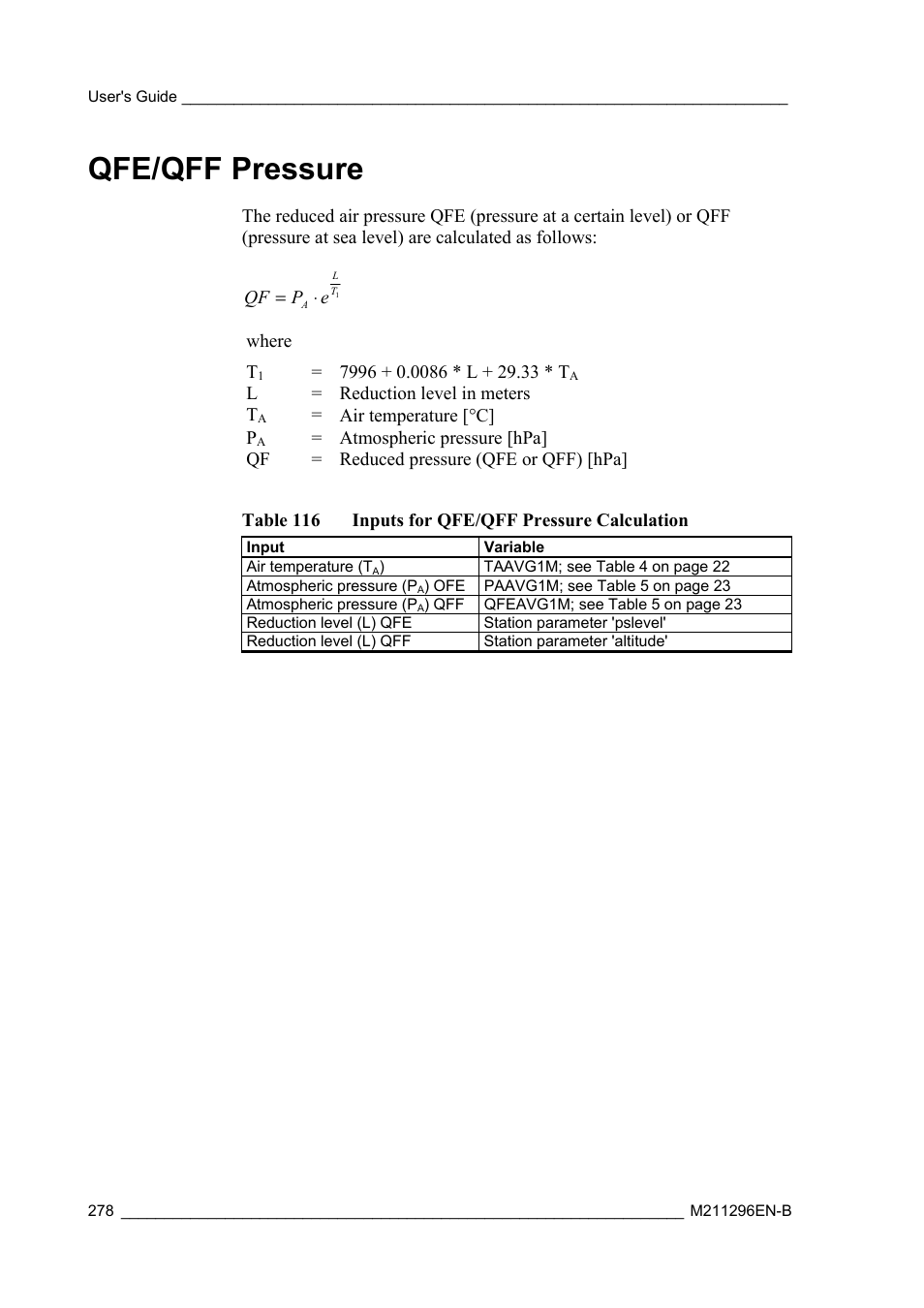 Qfe/qff pressure | Vaisala AWS330 User Manual | Page 280 / 296