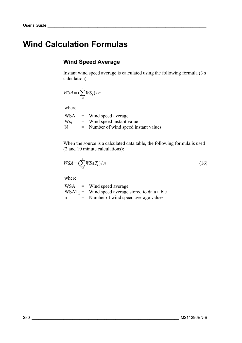 Wind calculation formulas, Wind speed average | Vaisala AWS330 User Manual | Page 282 / 296