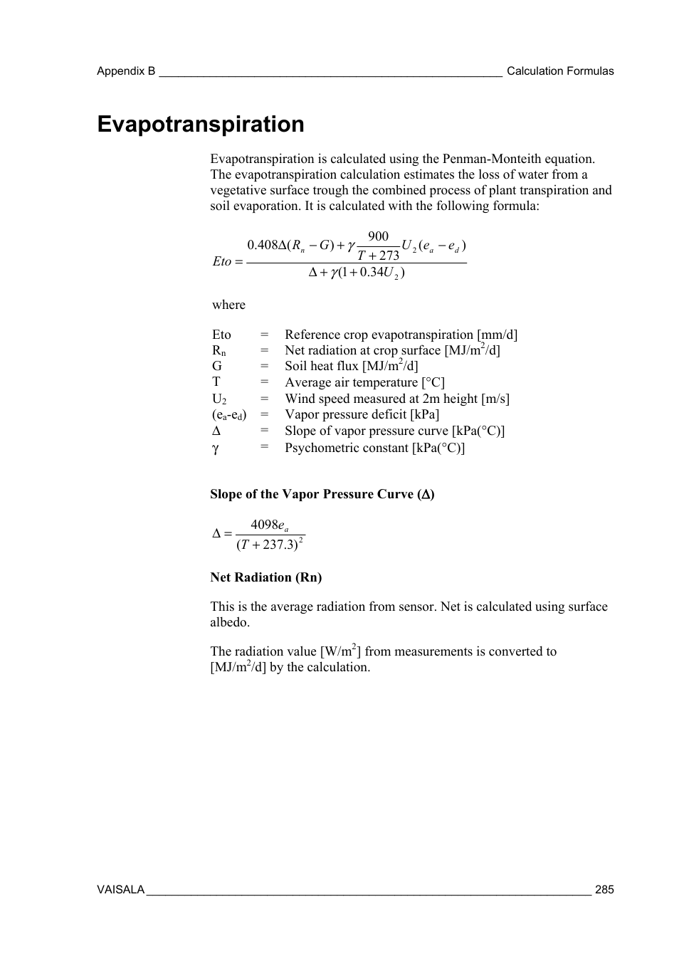Evapotranspiration | Vaisala AWS330 User Manual | Page 287 / 296