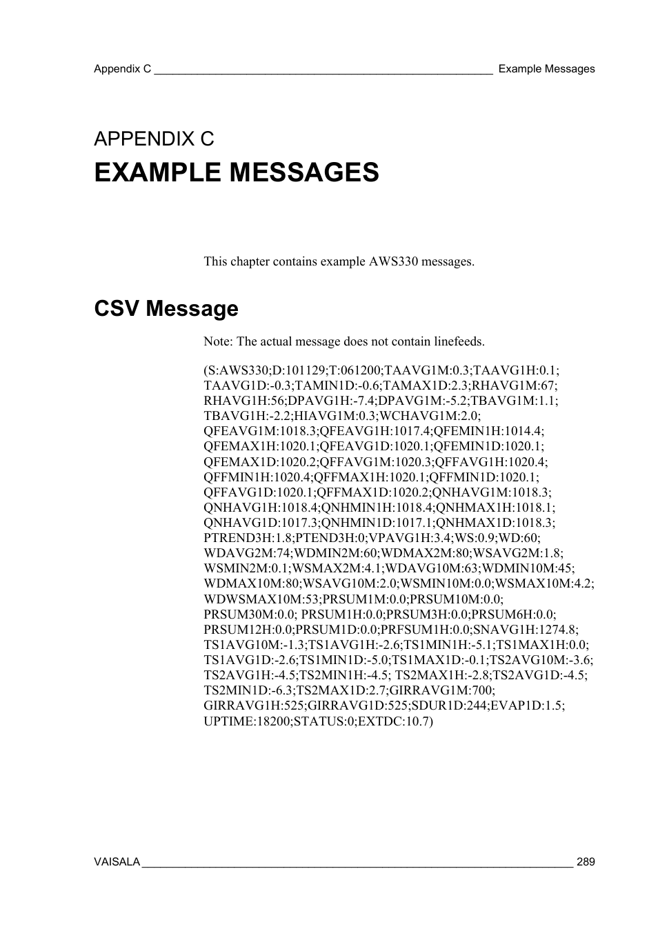 Example messages, Csv message, Appendix c, example messages | Appendix c | Vaisala AWS330 User Manual | Page 291 / 296
