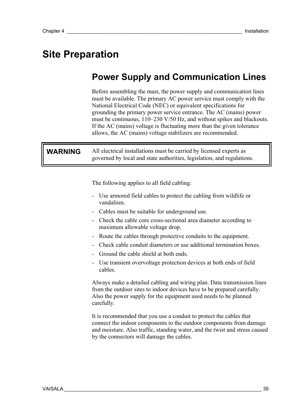 Site preparation, Power supply and communication lines | Vaisala AWS330 User Manual | Page 37 / 296
