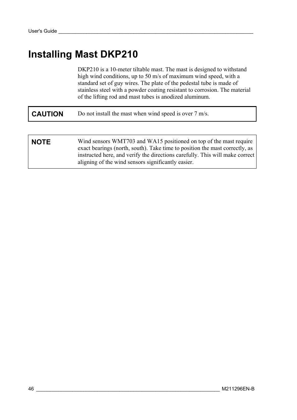 Installing mast dkp210 | Vaisala AWS330 User Manual | Page 48 / 296