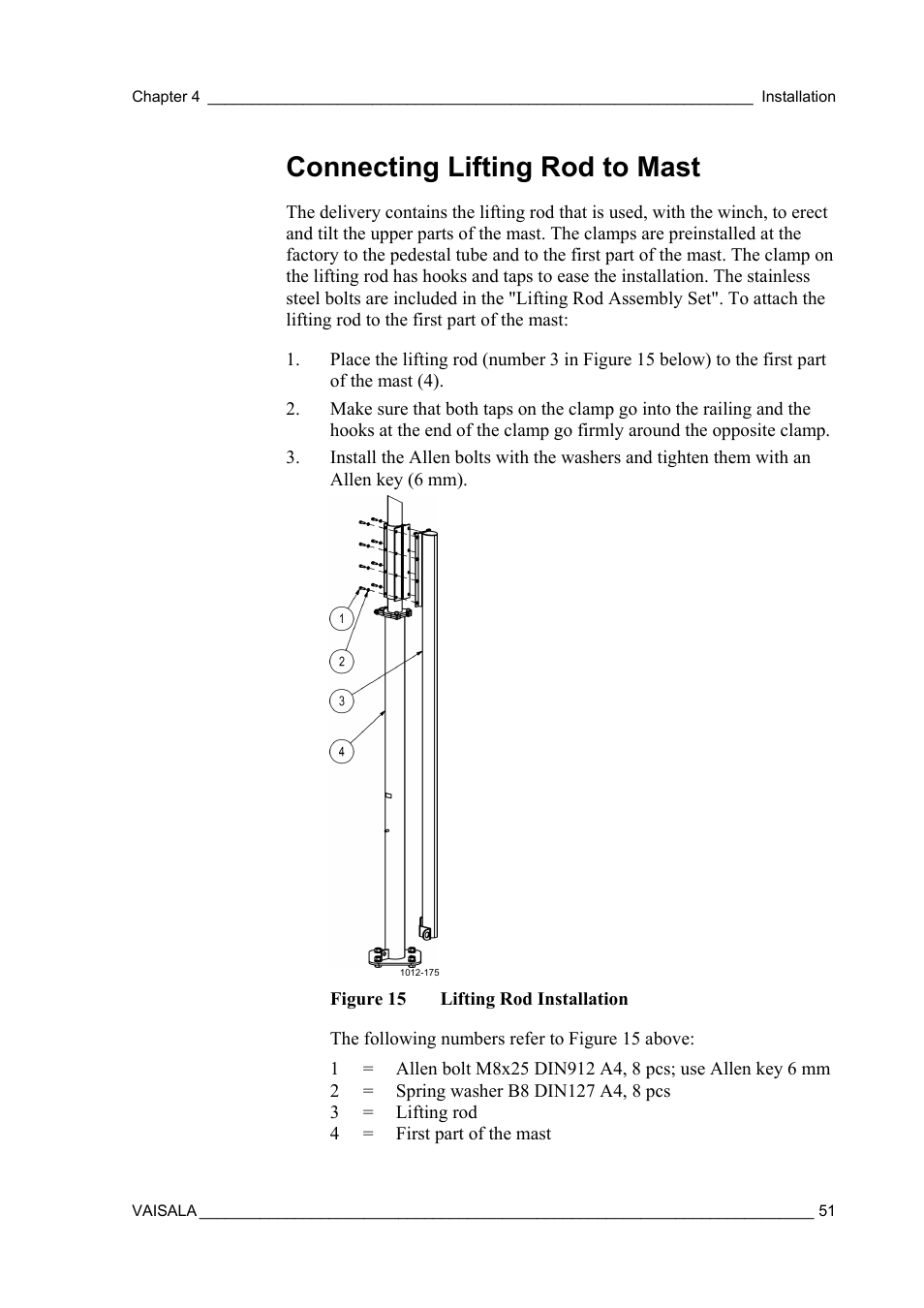 Connecting lifting rod to mast | Vaisala AWS330 User Manual | Page 53 / 296