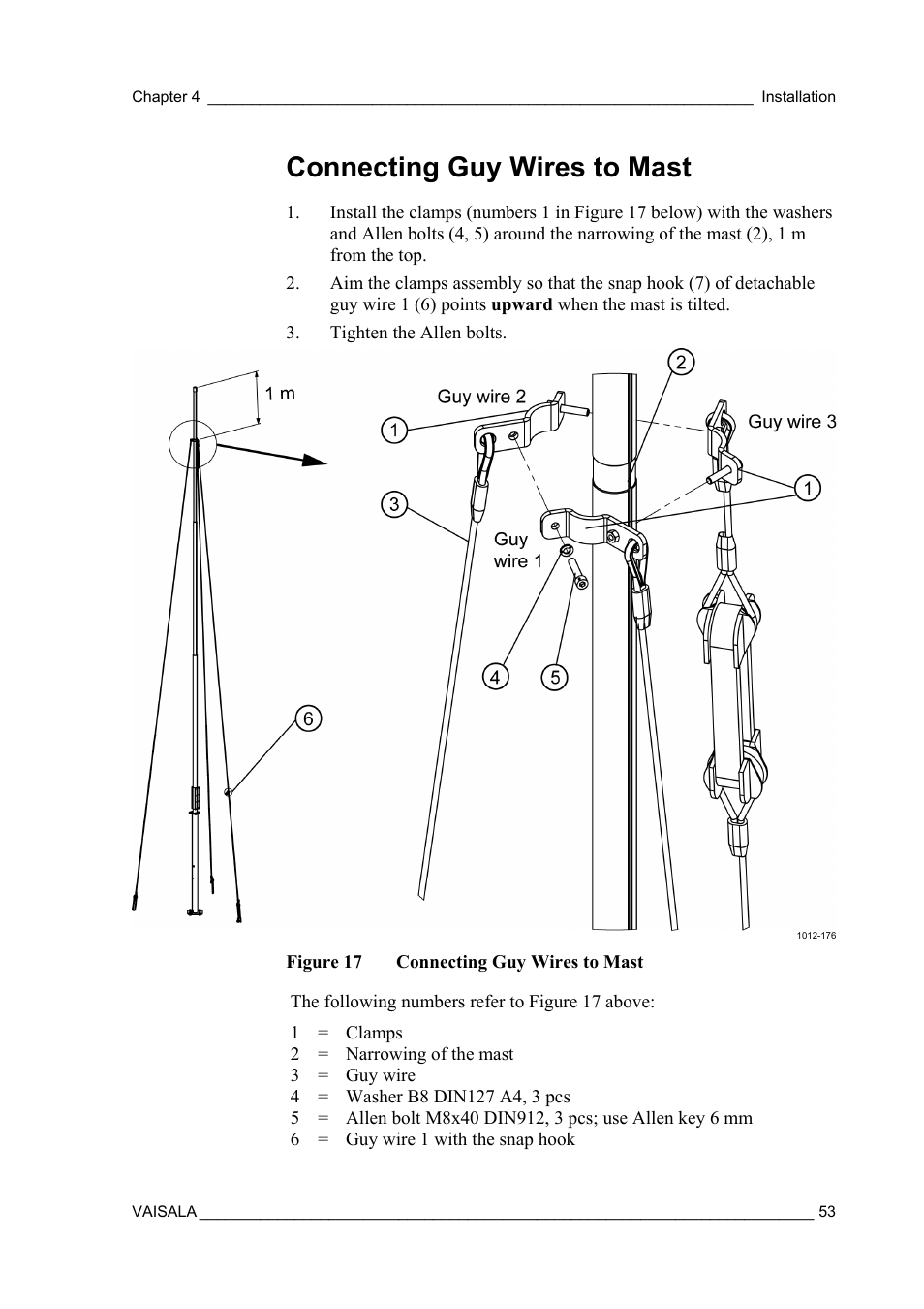 Connecting guy wires to mast | Vaisala AWS330 User Manual | Page 55 / 296