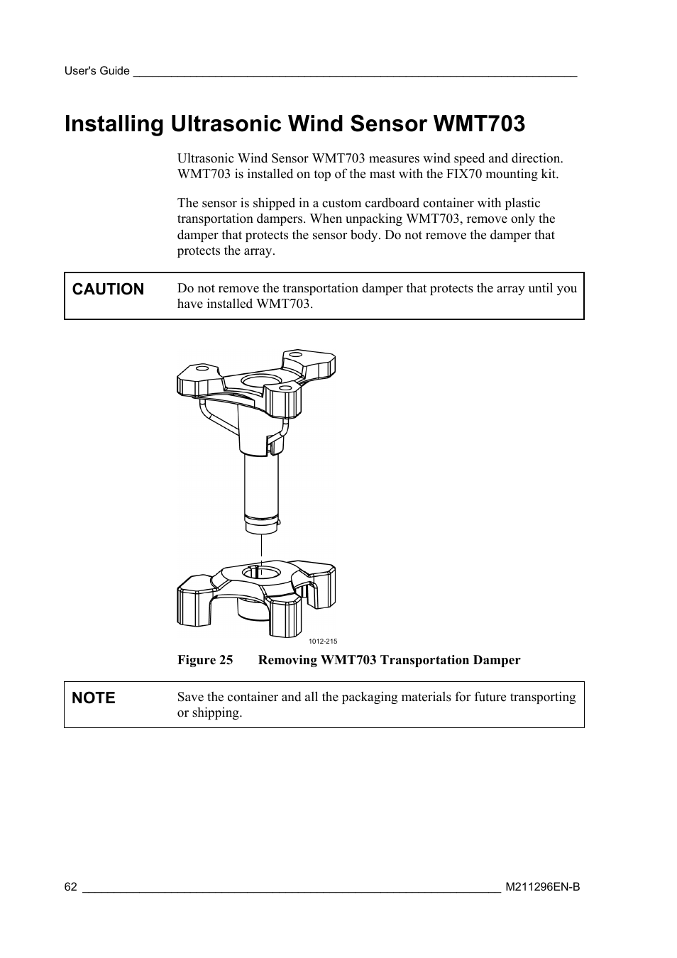 Installing ultrasonic wind sensor wmt703 | Vaisala AWS330 User Manual | Page 64 / 296