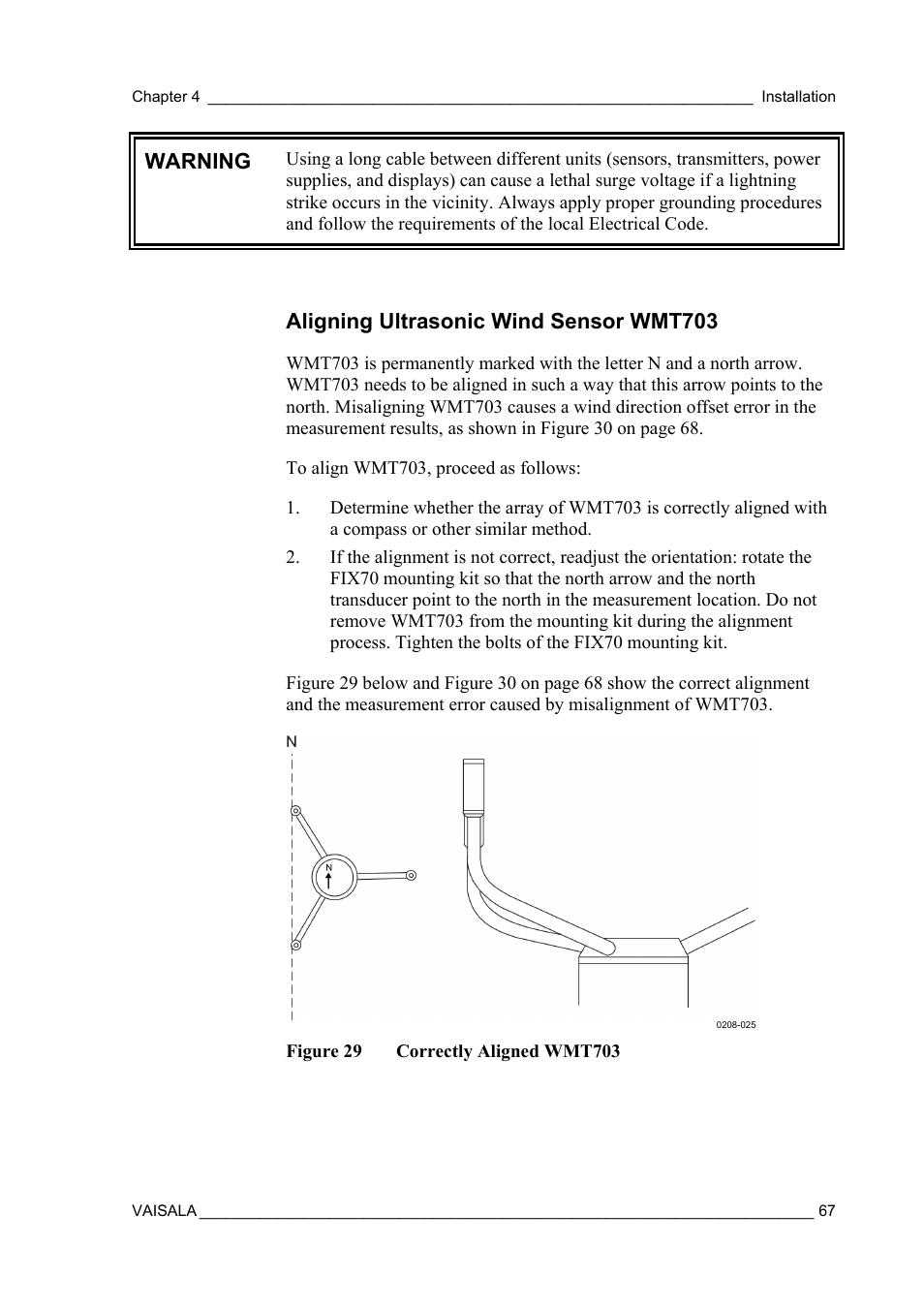 Aligning ultrasonic wind sensor wmt703, Warning | Vaisala AWS330 User Manual | Page 69 / 296
