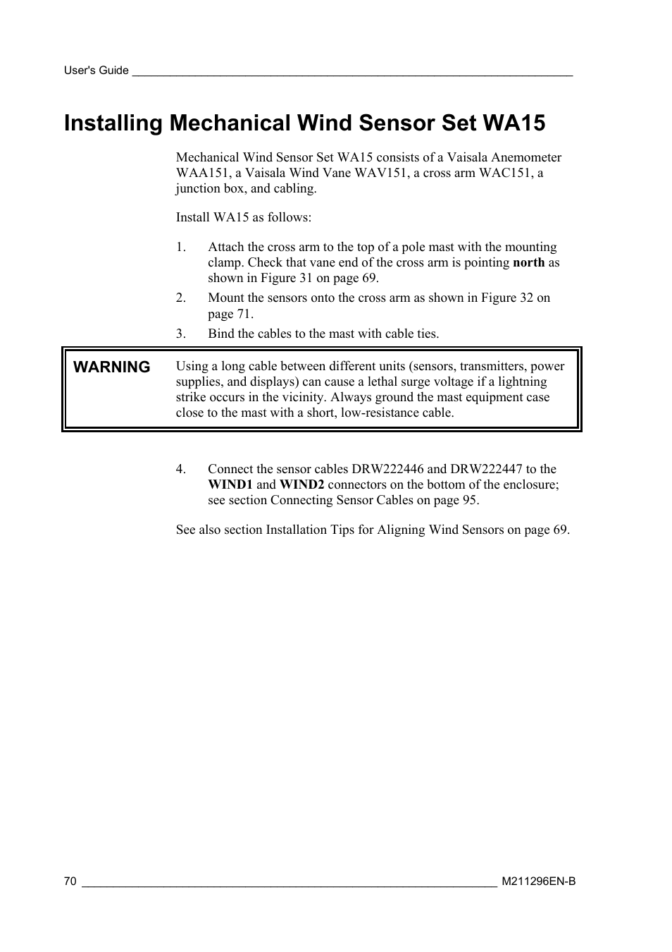 Installing mechanical wind sensor set wa15 | Vaisala AWS330 User Manual | Page 72 / 296