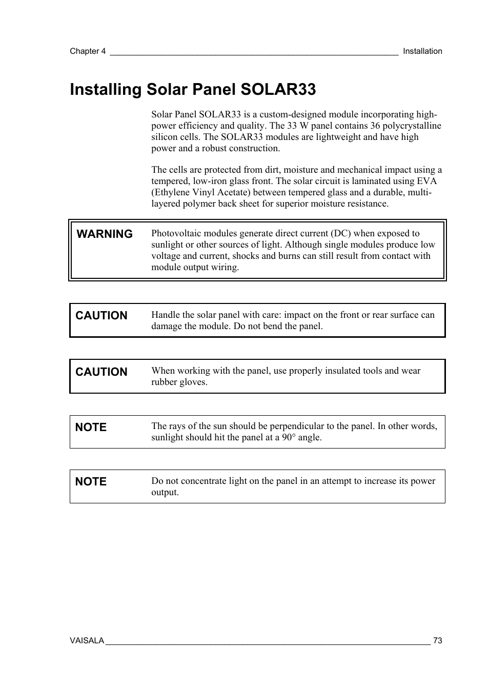 Installing solar panel solar33 | Vaisala AWS330 User Manual | Page 75 / 296