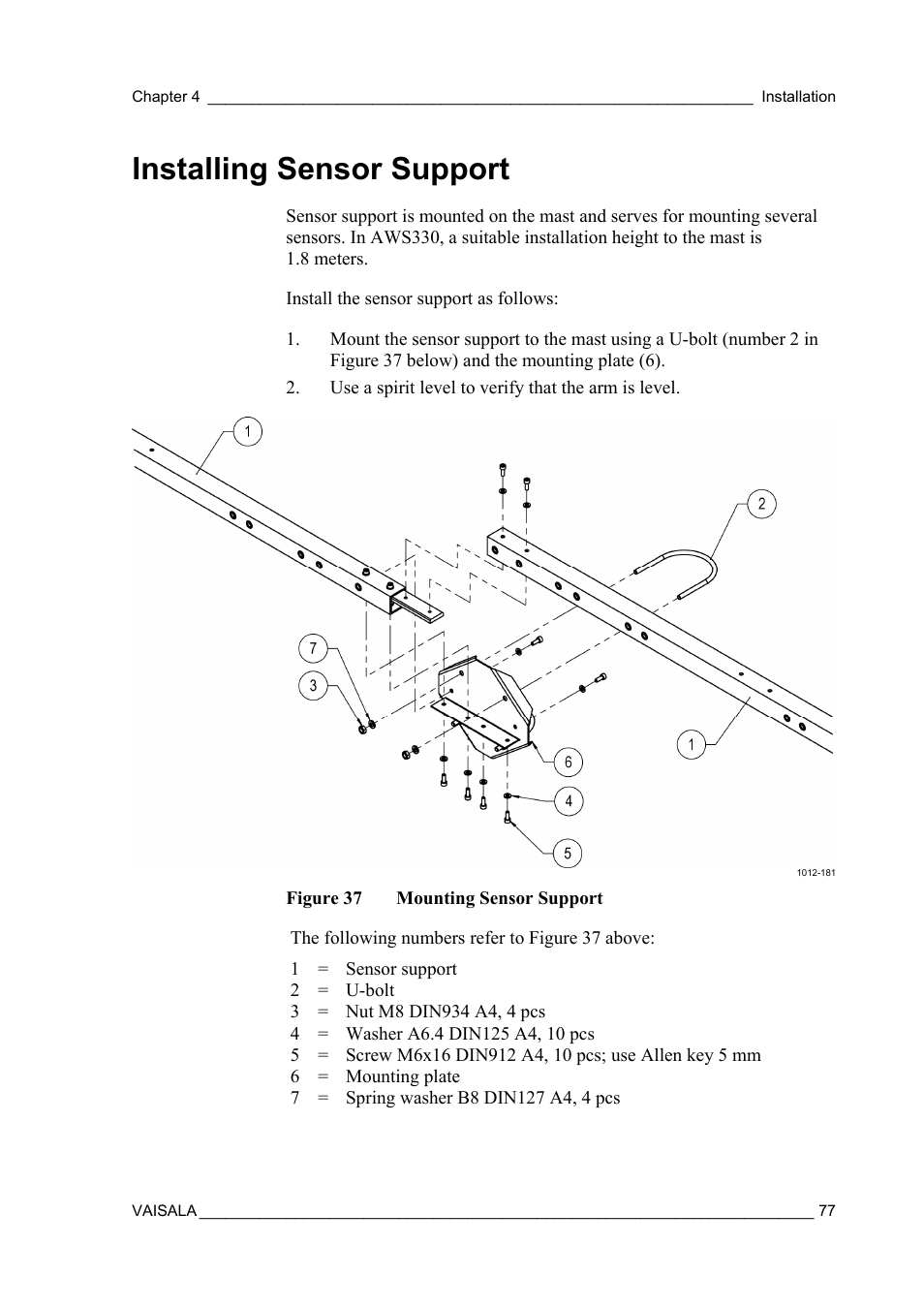 Installing sensor support | Vaisala AWS330 User Manual | Page 79 / 296