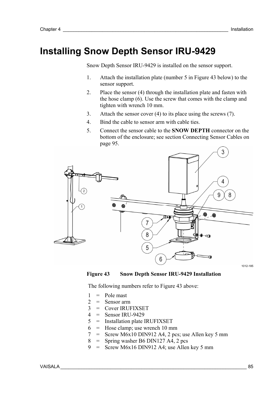 Installing snow depth sensor iru-9429 | Vaisala AWS330 User Manual | Page 87 / 296