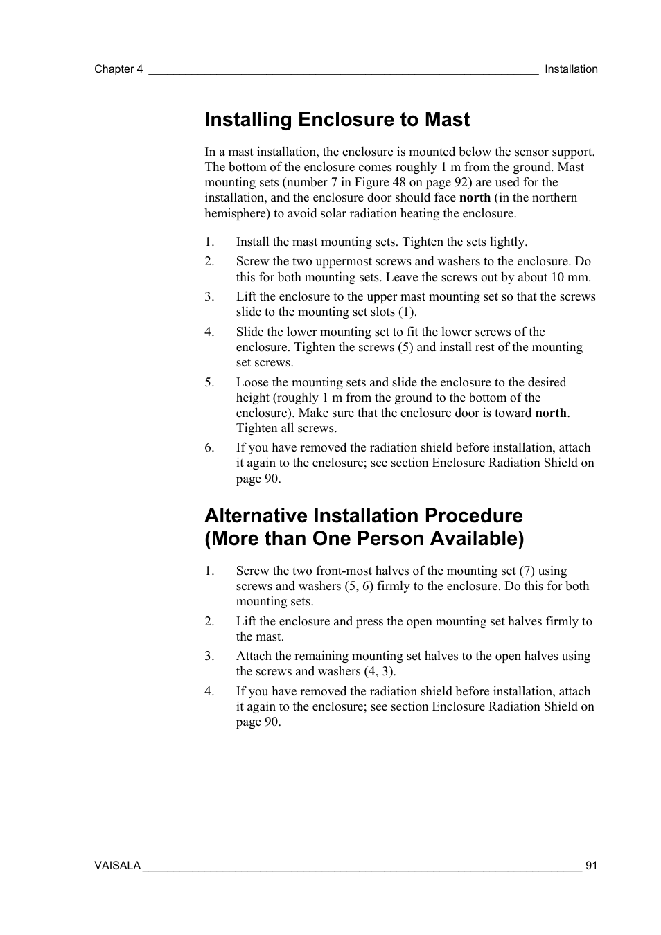 Installing enclosure to mast, Installing enclosure to mast as d | Vaisala AWS330 User Manual | Page 93 / 296