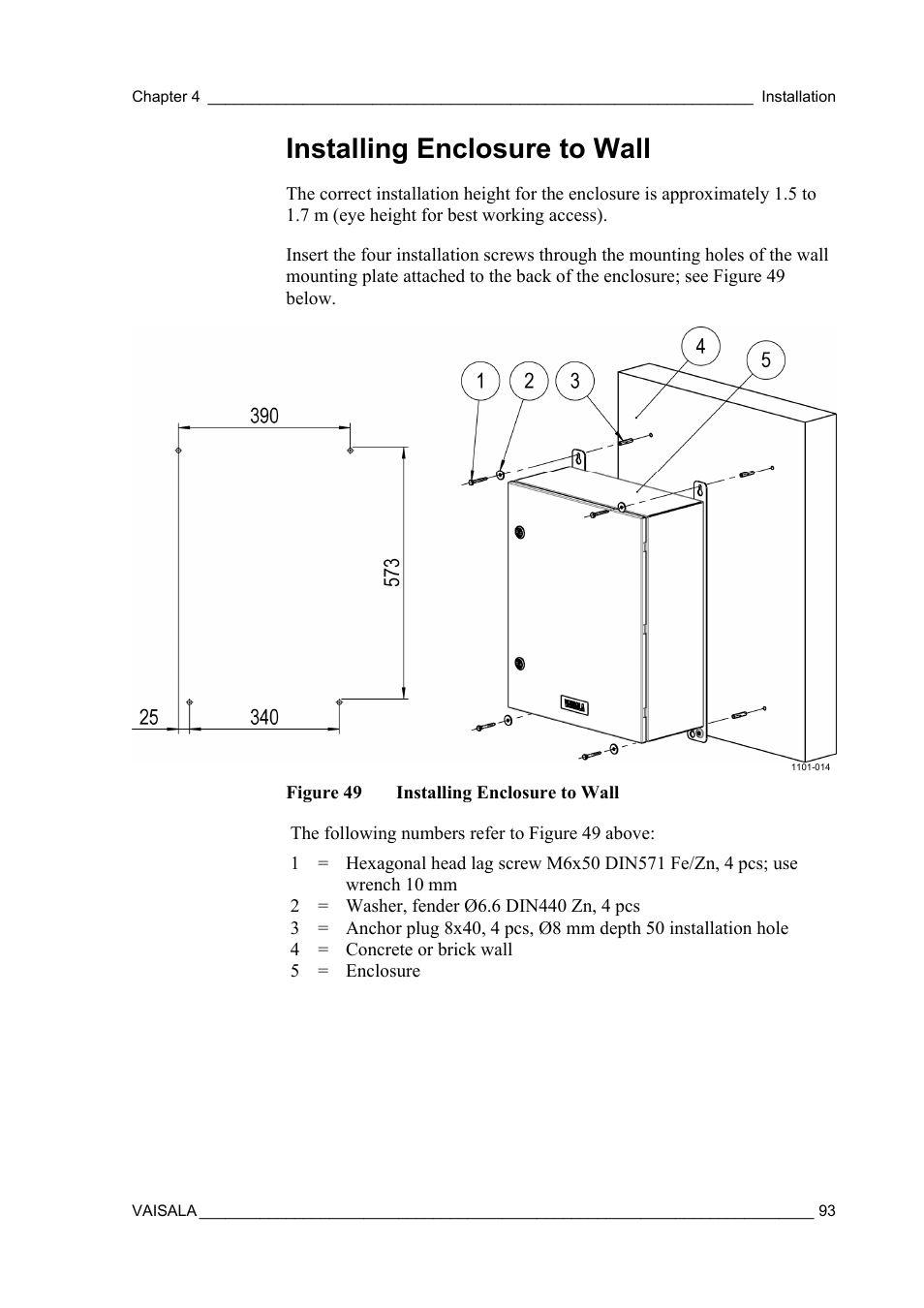 Installing enclosure to wall | Vaisala AWS330 User Manual | Page 95 / 296