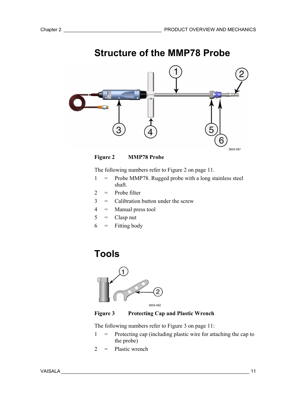 Structure of the mmp78 probe, Tools, Figure 2 | Mmp78 probe, Figure 3, Protecting cap and plastic wrench | Vaisala MM70 User Manual | Page 13 / 71