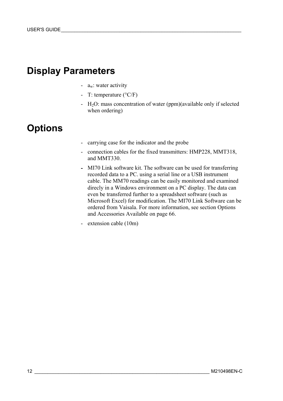 Display parameters, Options | Vaisala MM70 User Manual | Page 14 / 71