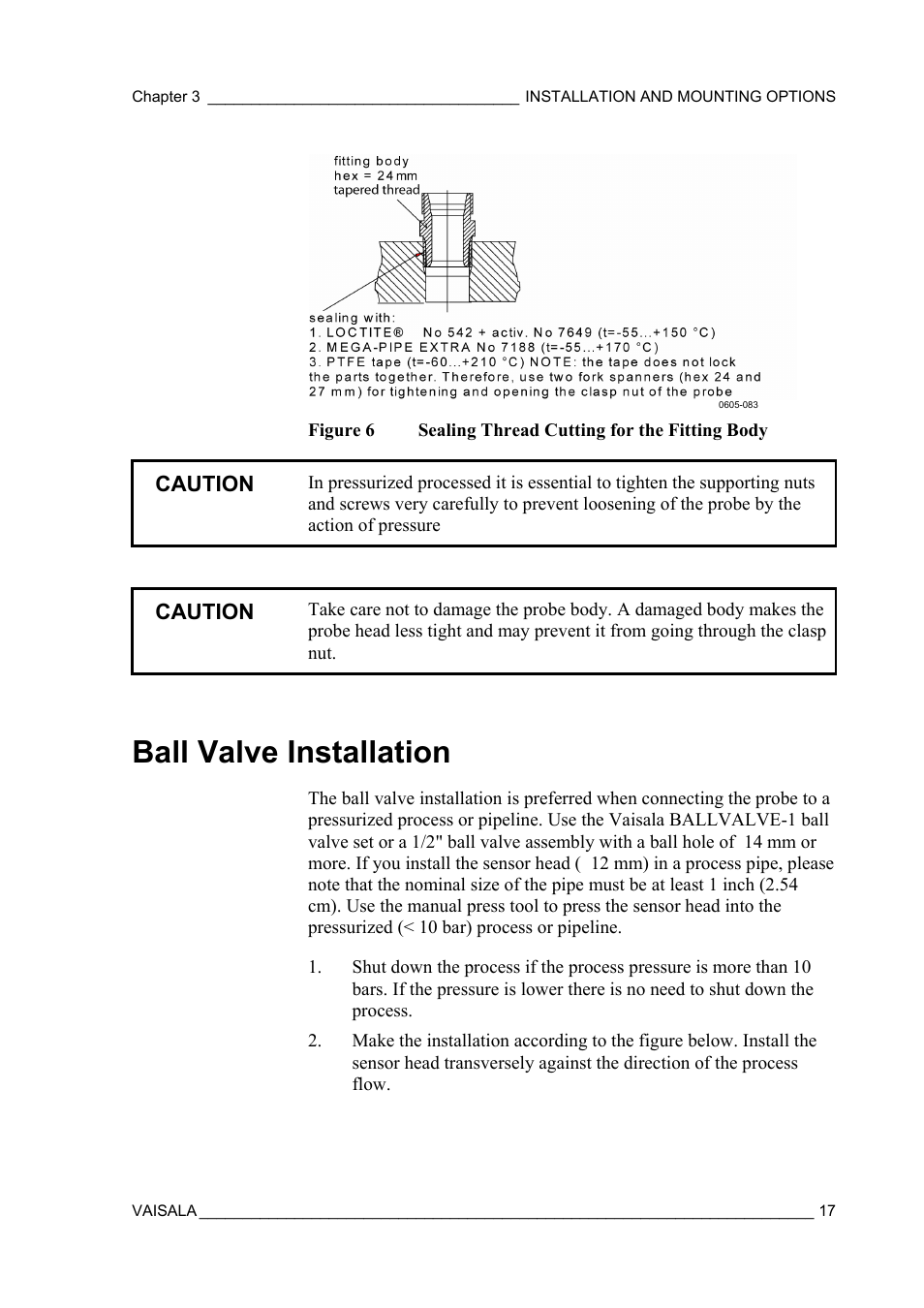 Ball valve installation, Figure 6, Sealing thread cutting for the fitting body | Vaisala MM70 User Manual | Page 19 / 71