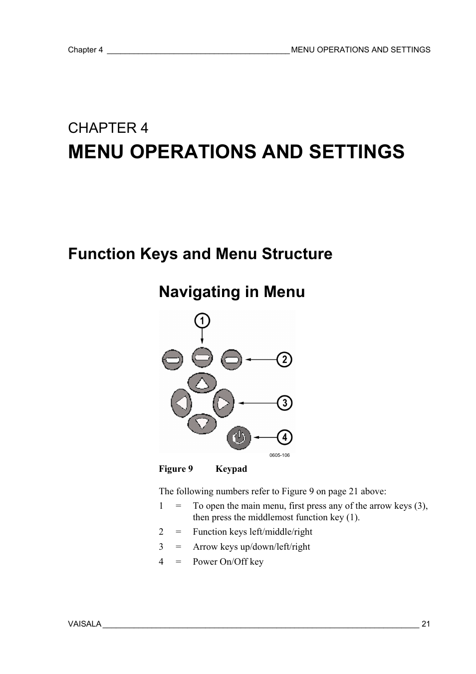 Menu operations and settings, Function keys and menu structure, Navigating in menu | Figure 9, Keypad, Chapter 4 | Vaisala MM70 User Manual | Page 23 / 71