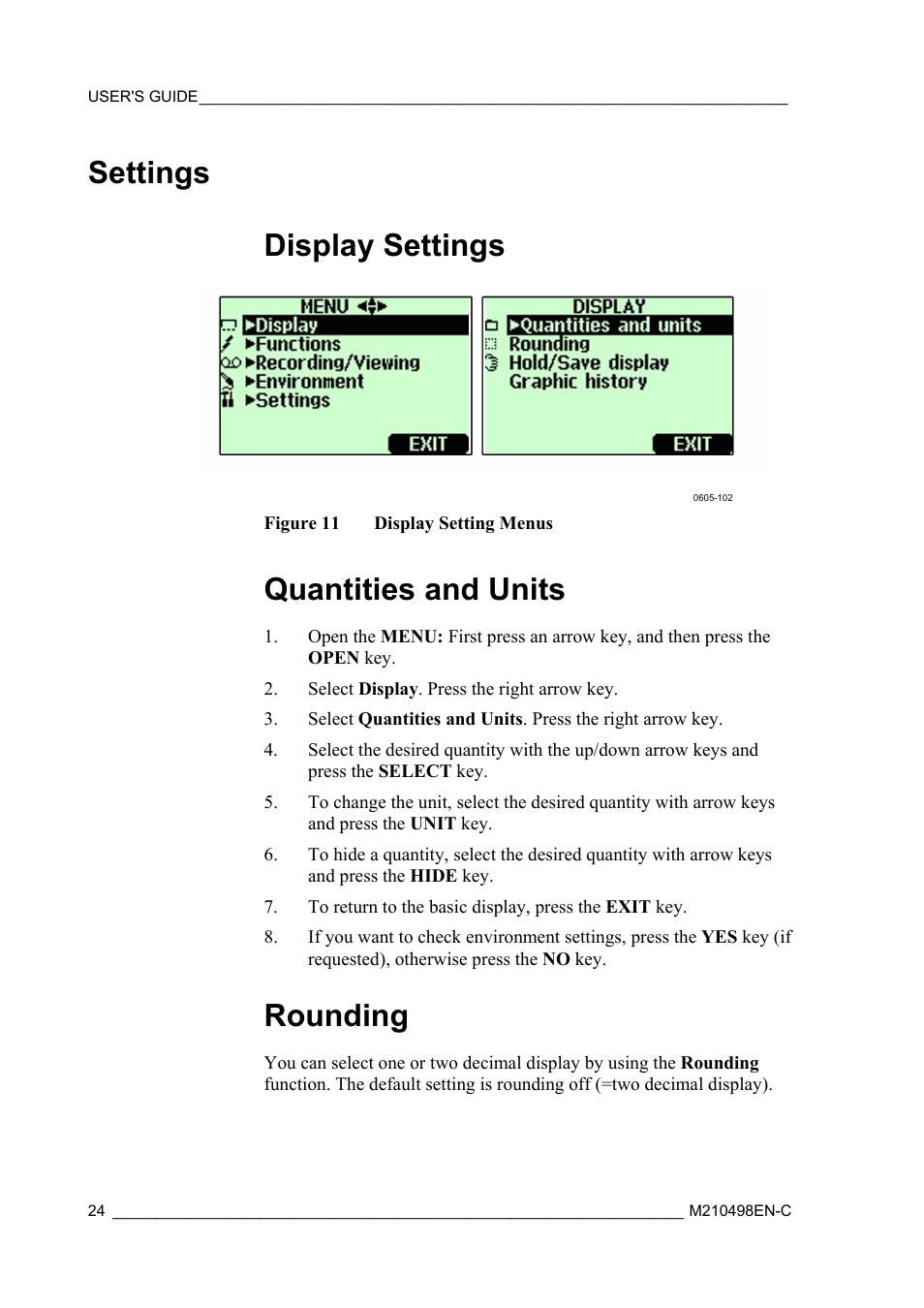 Settings, Display settings, Quantities and units | Rounding, Figure 11, Display setting menus, Settings display settings | Vaisala MM70 User Manual | Page 26 / 71