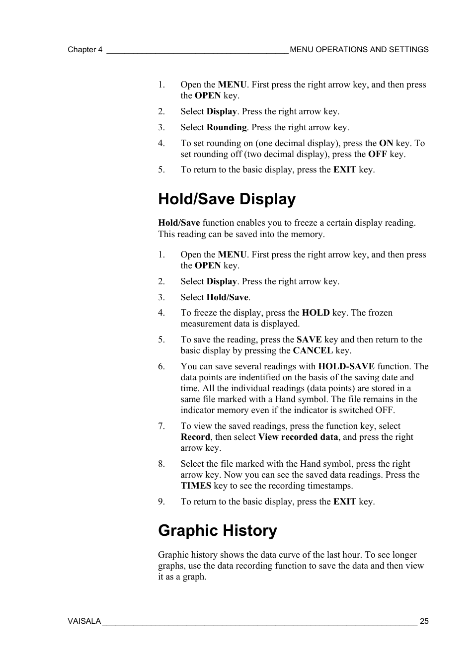 Hold/save display, Graphic history | Vaisala MM70 User Manual | Page 27 / 71