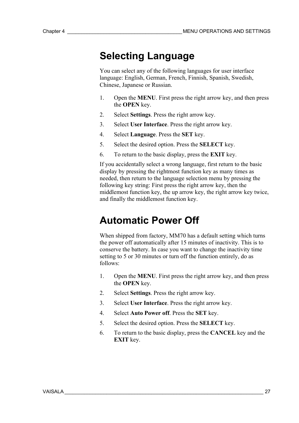 Selecting language, Automatic power off | Vaisala MM70 User Manual | Page 29 / 71