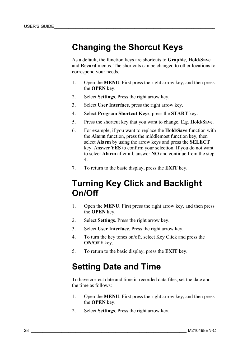 Changing the shorcut keys, Turning key click and backlight on/off, Setting date and time | Vaisala MM70 User Manual | Page 30 / 71