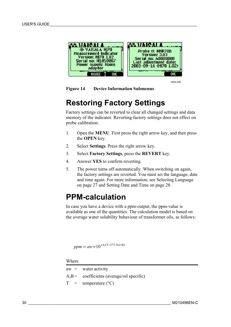 Restoring factory settings, Ppm-calculation, Figure 14 | Device information submenus | Vaisala MM70 User Manual | Page 32 / 71