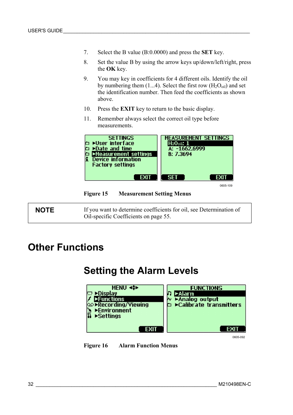 Other functions, Setting the alarm levels, Figure 15 | Measurement setting menus, Figure 16, Alarm function menus, Other functions setting the alarm levels | Vaisala MM70 User Manual | Page 34 / 71