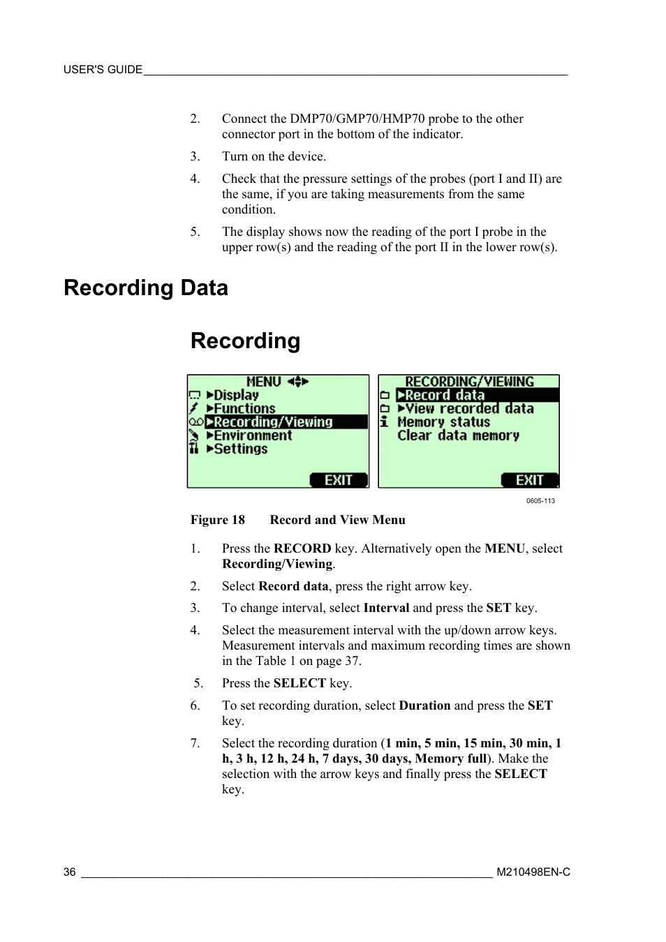 Recording data, Recording, Figure 18 | Record and view menu, Recording data recording | Vaisala MM70 User Manual | Page 38 / 71