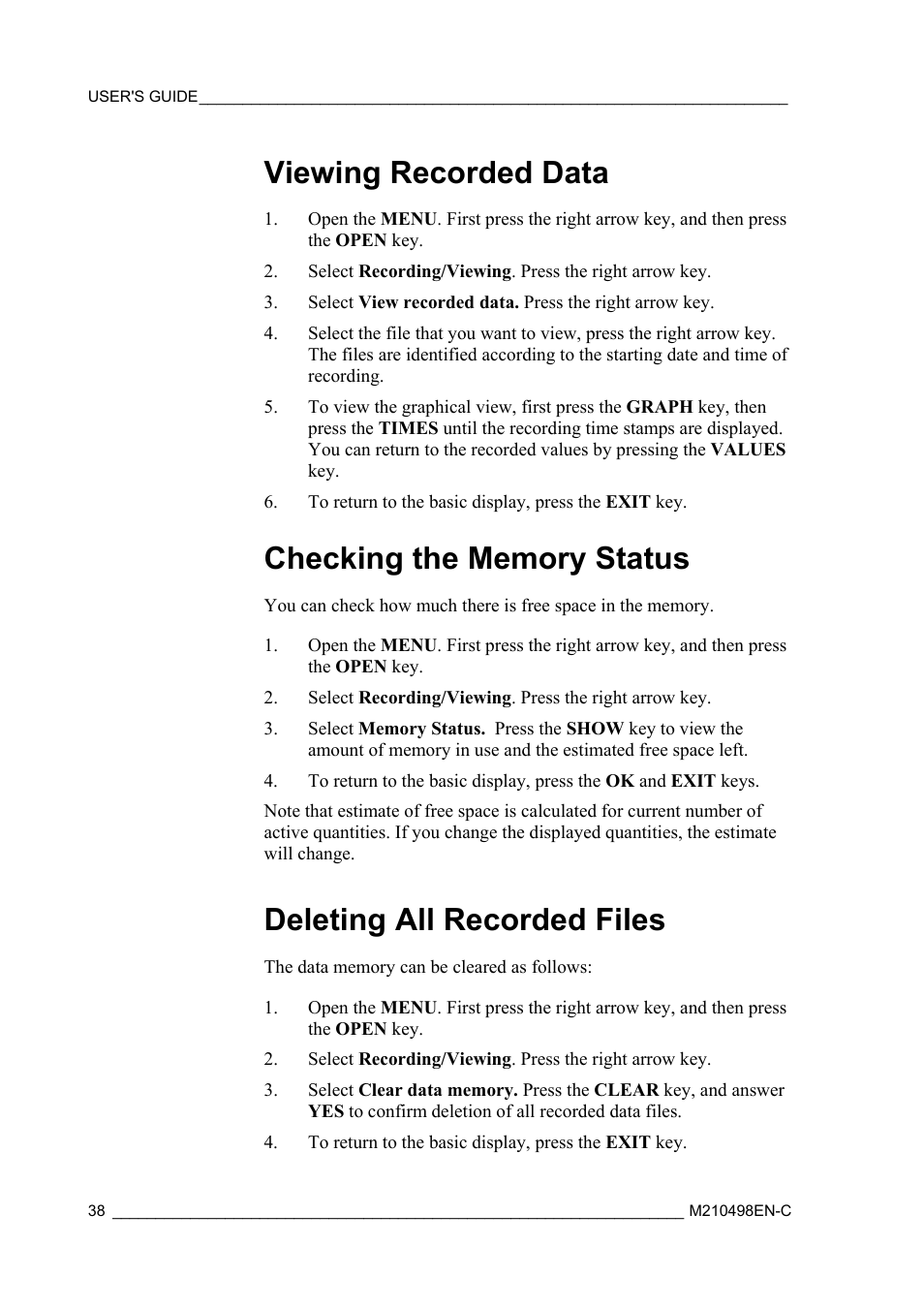 Viewing recorded data, Checking the memory status, Deleting all recorded files | Vaisala MM70 User Manual | Page 40 / 71