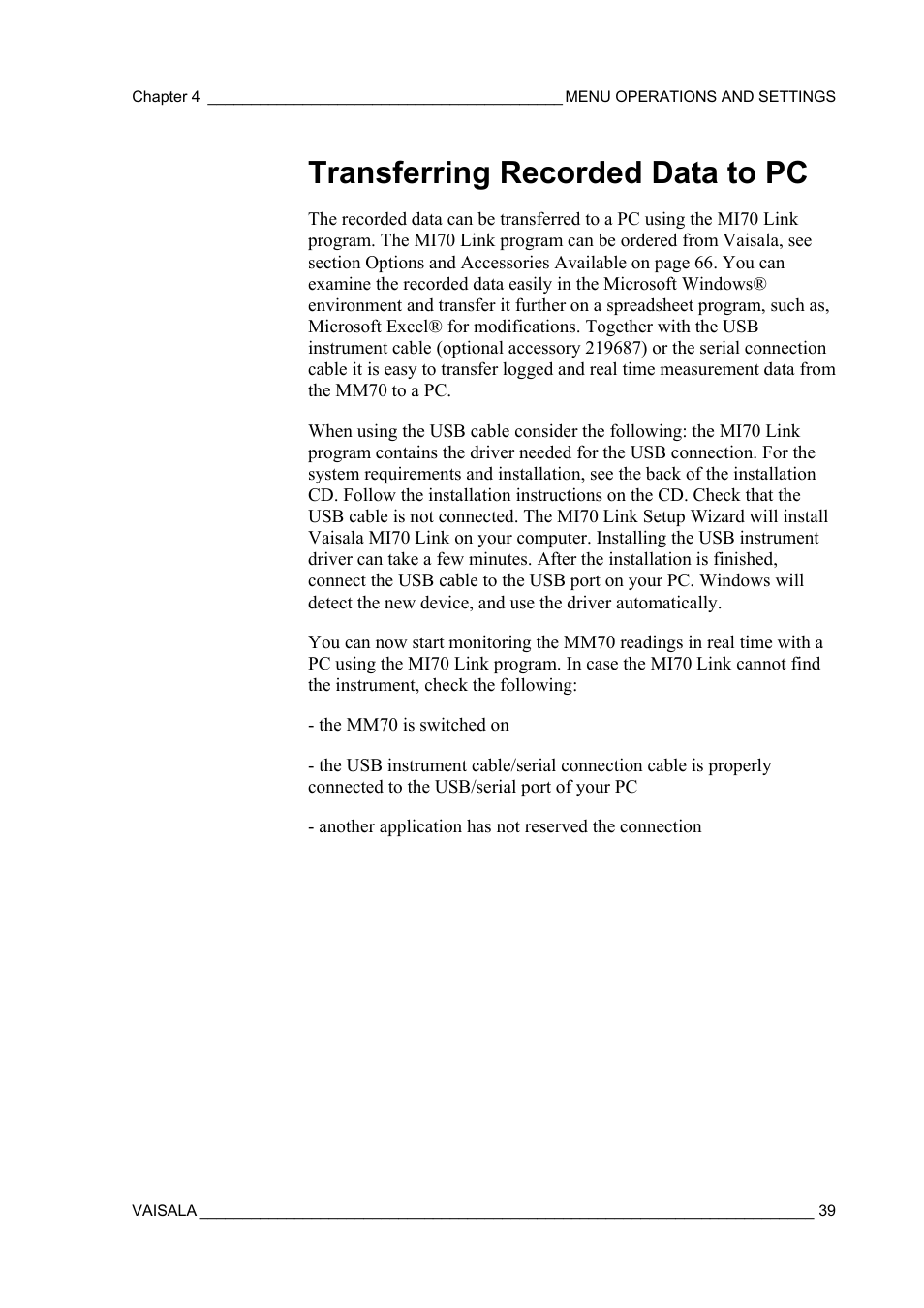 Transferring recorded data to pc | Vaisala MM70 User Manual | Page 41 / 71