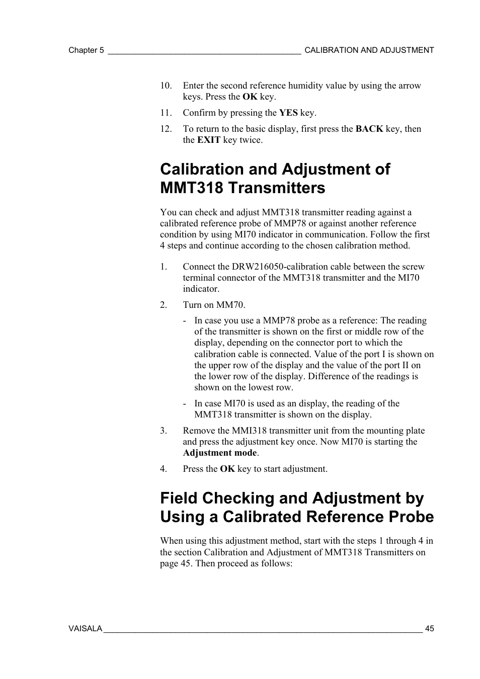 Calibration and adjustment of mmt318 transmitters | Vaisala MM70 User Manual | Page 47 / 71