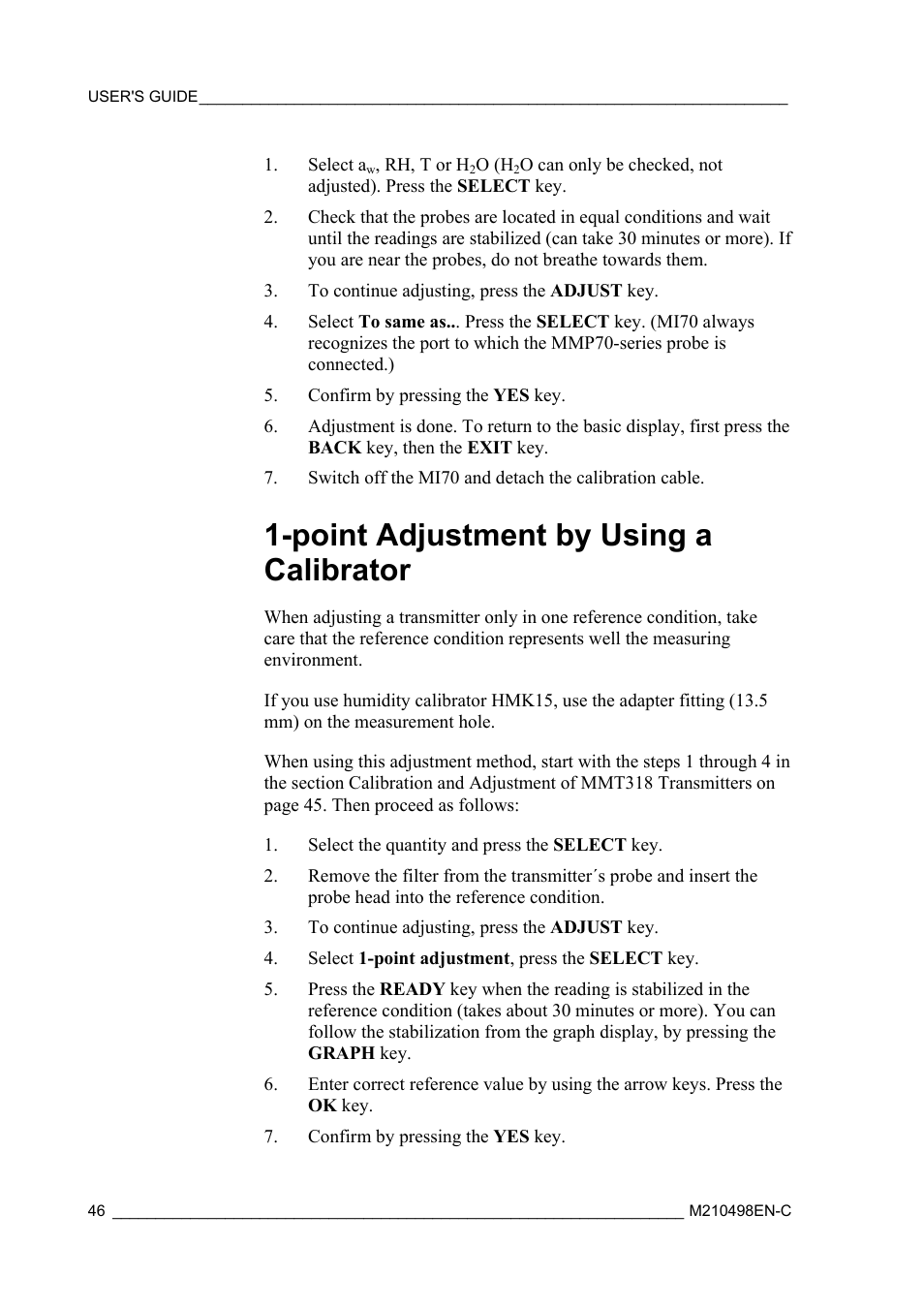 Point adjustment by using a calibrator | Vaisala MM70 User Manual | Page 48 / 71