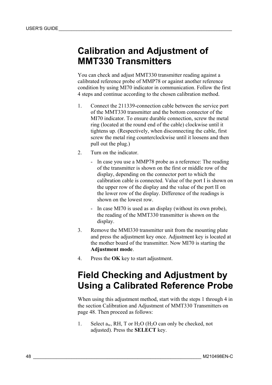 Calibration and adjustment of mmt330 transmitters | Vaisala MM70 User Manual | Page 50 / 71