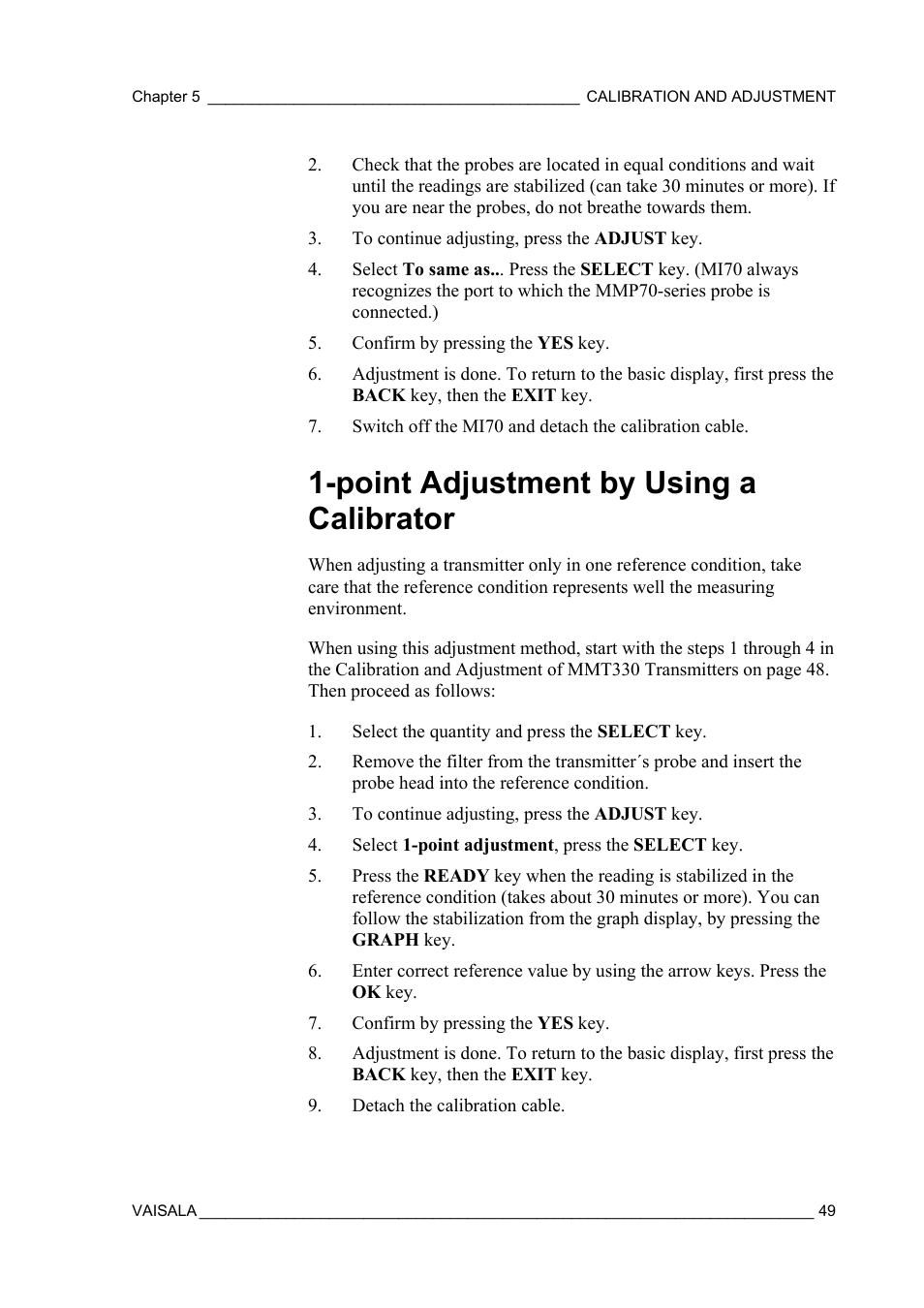 Point adjustment by using a calibrator | Vaisala MM70 User Manual | Page 51 / 71