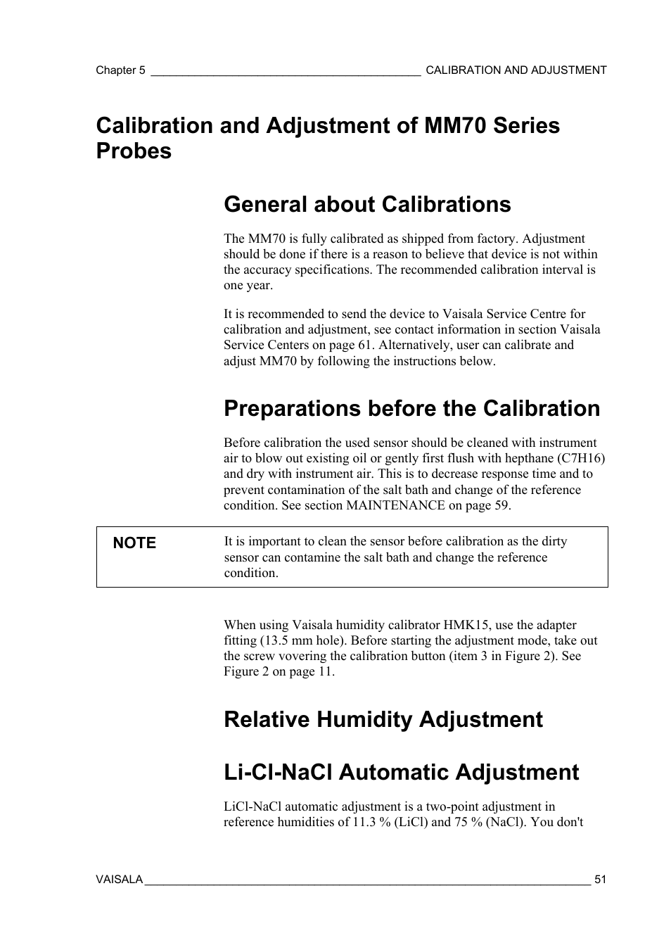 Calibration and adjustment of mm70 series probes, General about calibrations, Preparations before the calibration | Relative humidity adjustment, Li-cl-nacl automatic adjustment | Vaisala MM70 User Manual | Page 53 / 71