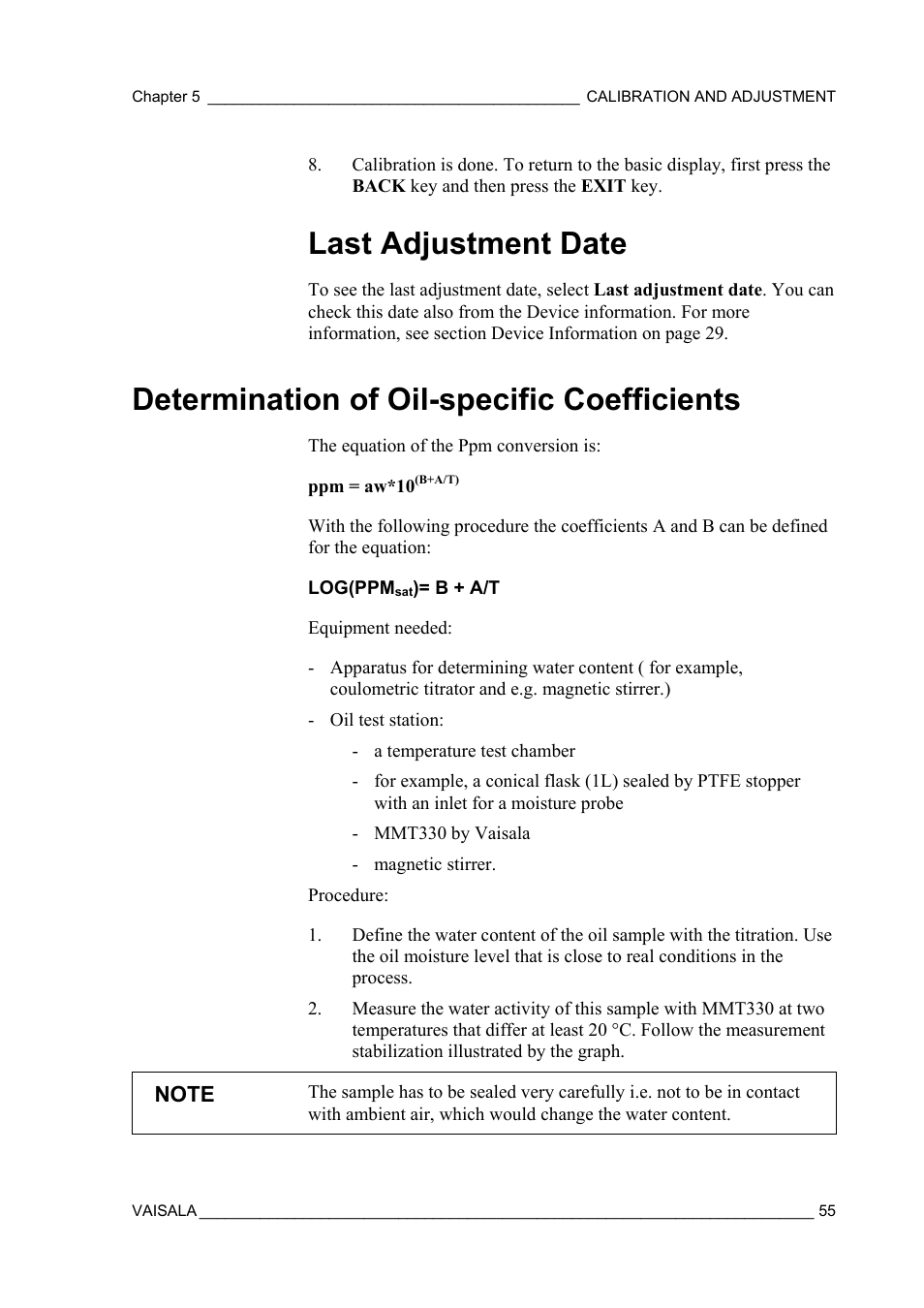Last adjustment date, Determination of oil-specific coefficients | Vaisala MM70 User Manual | Page 57 / 71