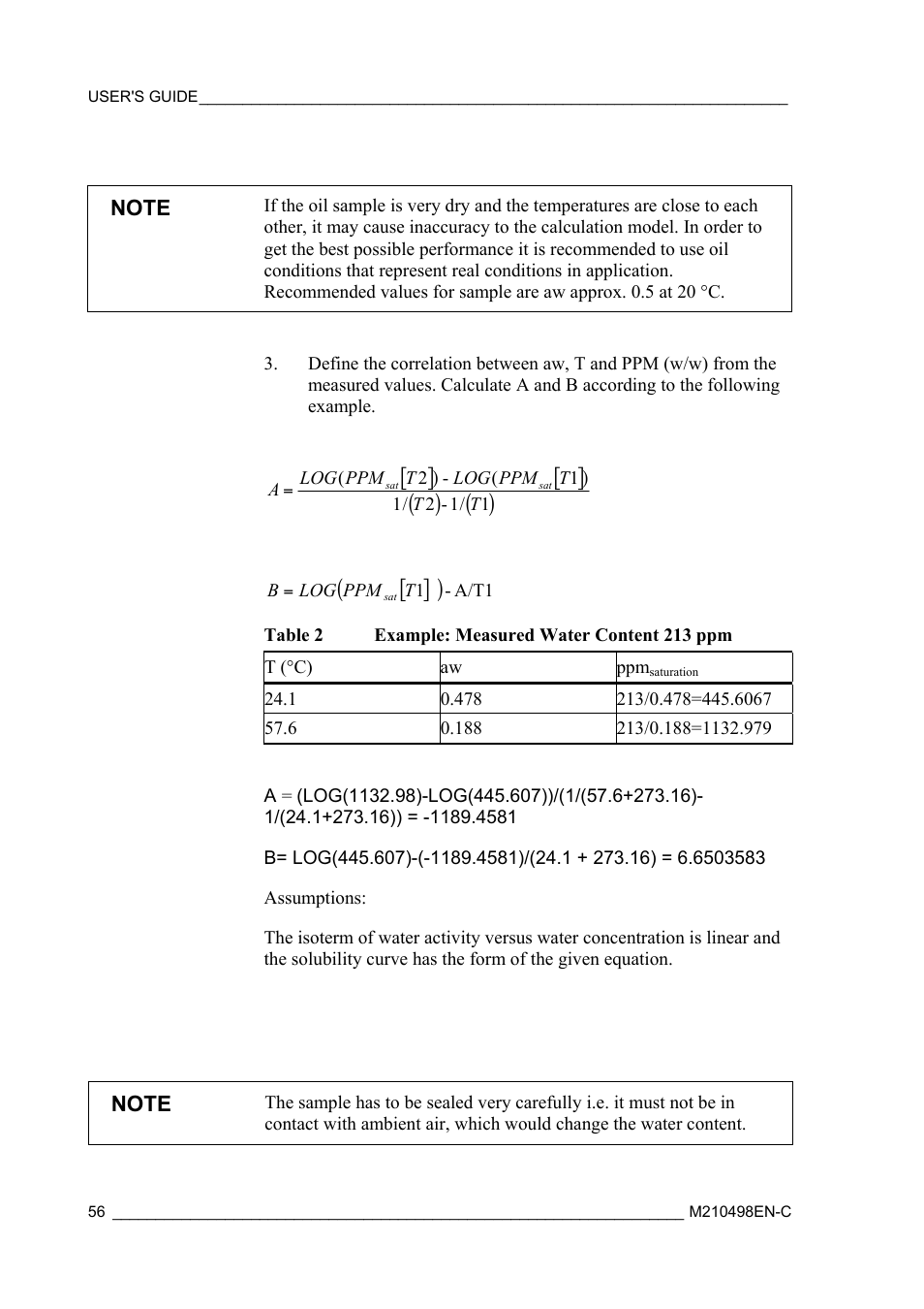 Table 2, Example: measured water content 213 ppm | Vaisala MM70 User Manual | Page 58 / 71