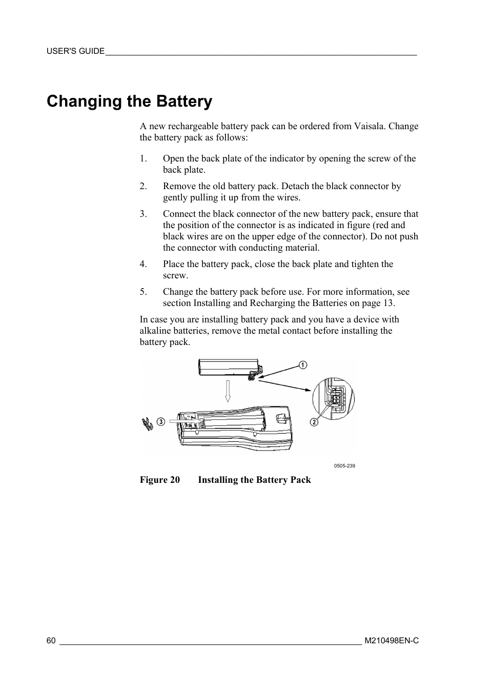 Changing the battery, Figure 20, Installing the battery pack | Vaisala MM70 User Manual | Page 62 / 71