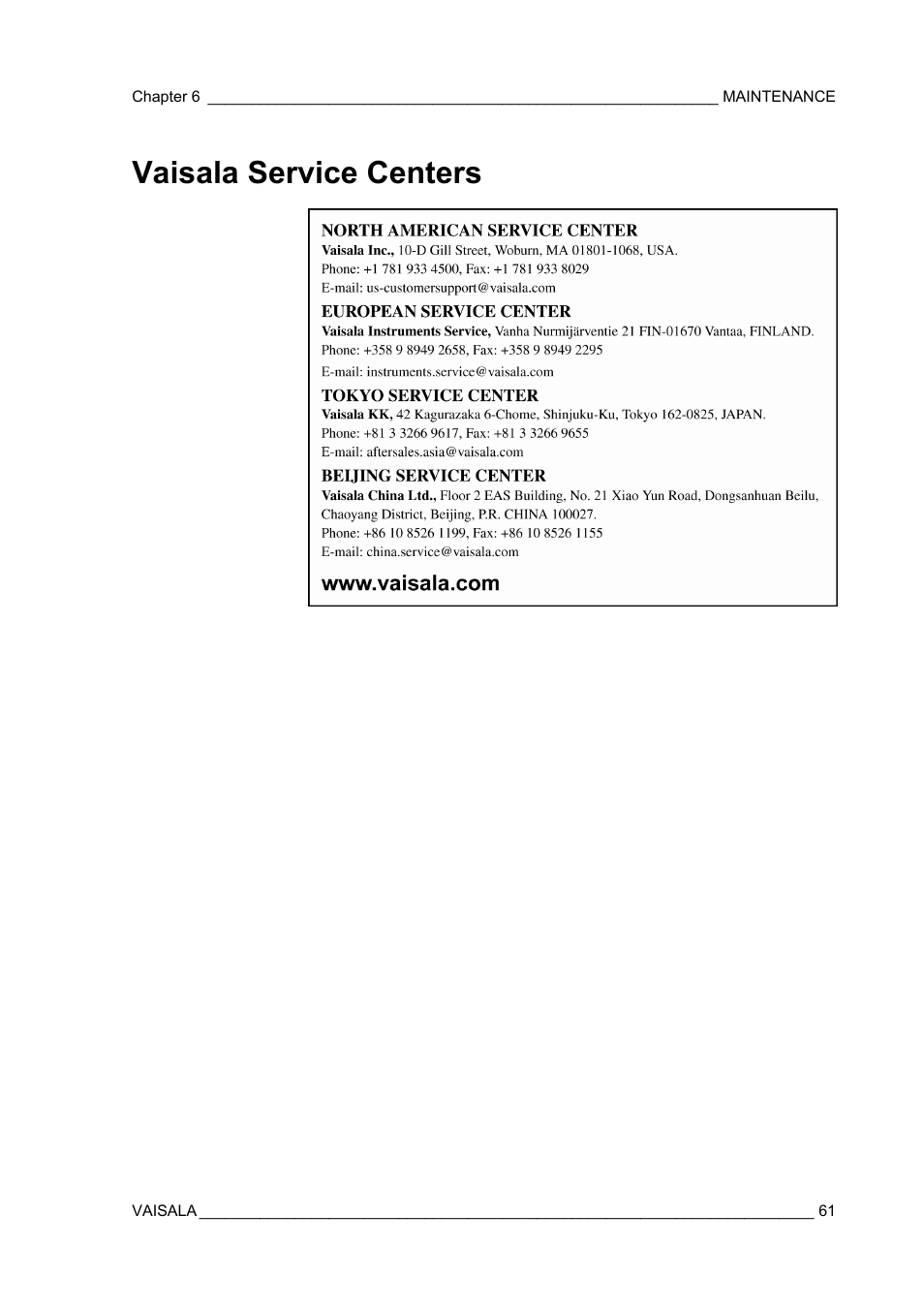 Vaisala service centers | Vaisala MM70 User Manual | Page 63 / 71