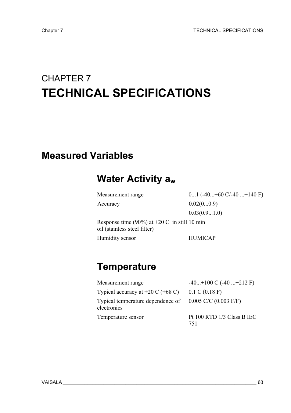 Technical specifications, Measured variables, Water activity aw | Temperature, Water activity a, Measured variables water activity a, Chapter 7 | Vaisala MM70 User Manual | Page 65 / 71