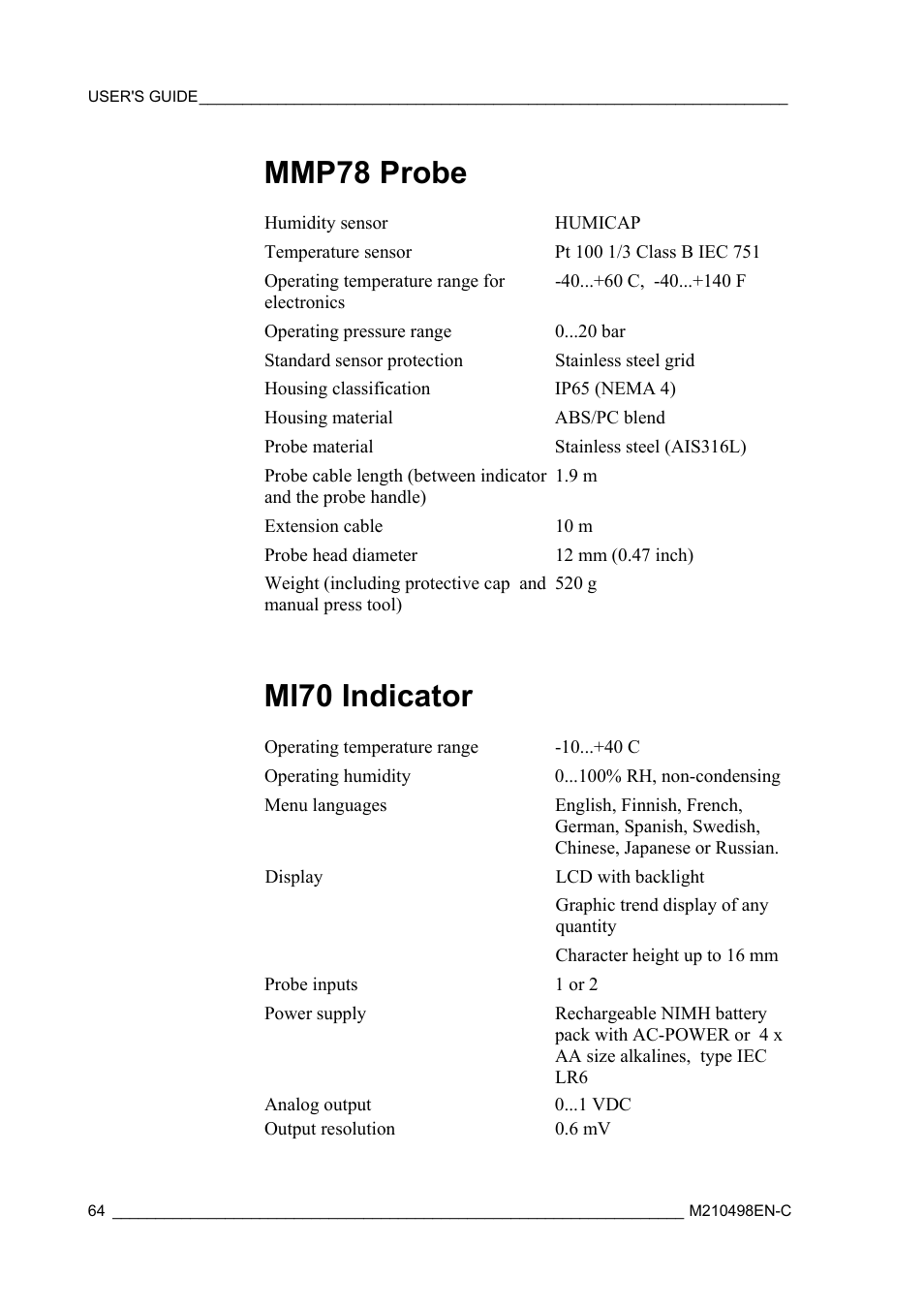 Mmp78 probe, Mi70 indicator | Vaisala MM70 User Manual | Page 66 / 71