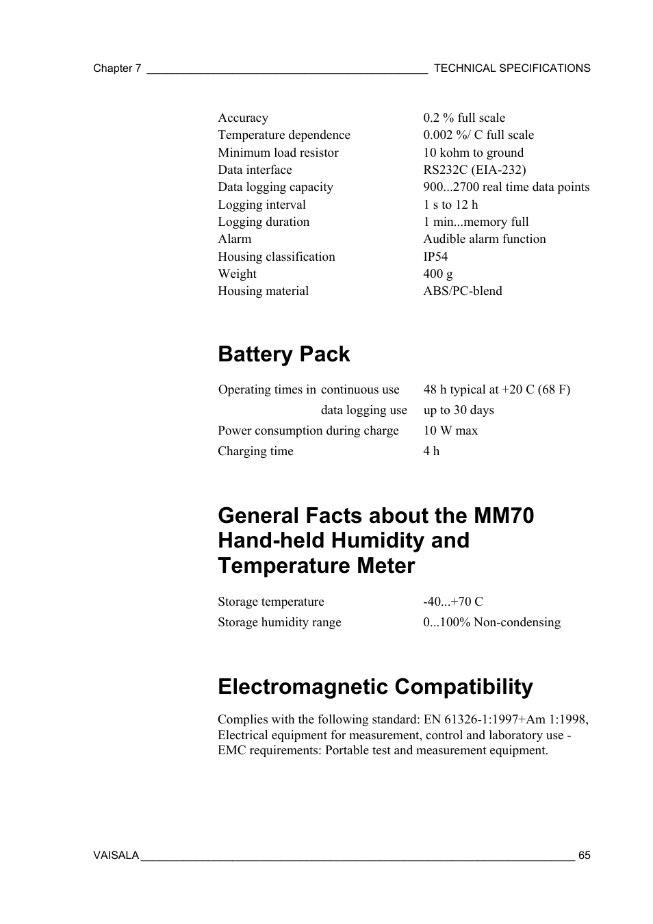 Battery pack, Electromagnetic compatibility | Vaisala MM70 User Manual | Page 67 / 71