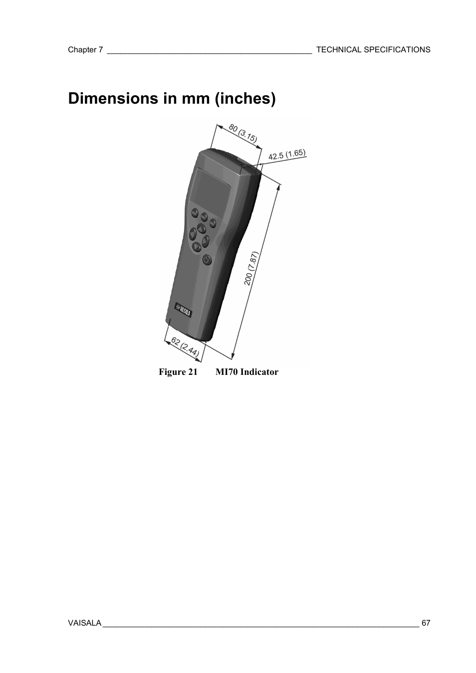 Dimensions in mm (inches), Figure 21, Mi70 indicator | Vaisala MM70 User Manual | Page 69 / 71