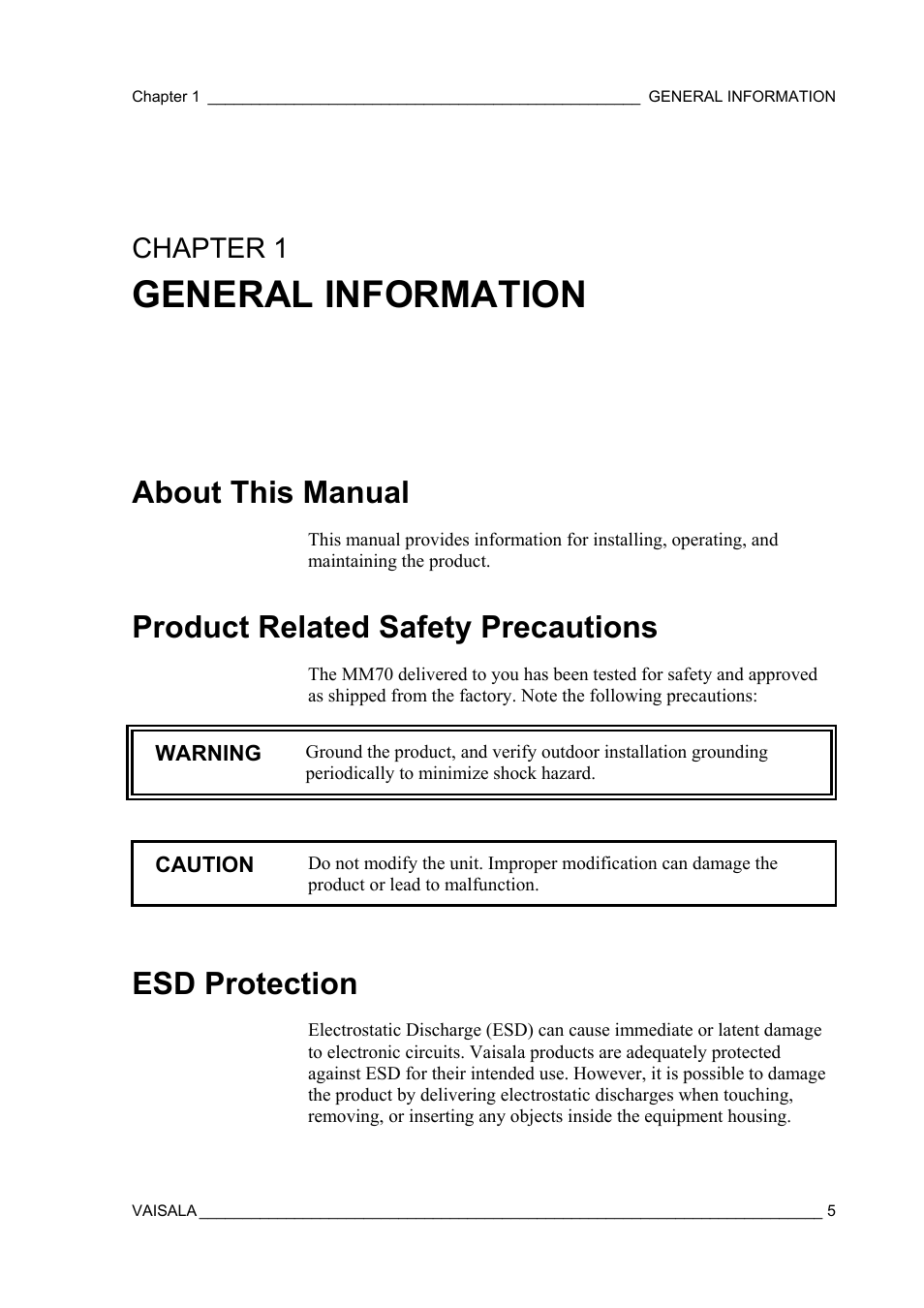 General information, About this manual, Product related safety precautions | Esd protection, Chapter 1 | Vaisala MM70 User Manual | Page 7 / 71